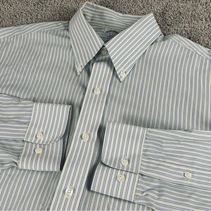 Brooks Brothers Shirt Mens 16 Slim Fit Non Iron Blue Yellow Striped Cotton T307